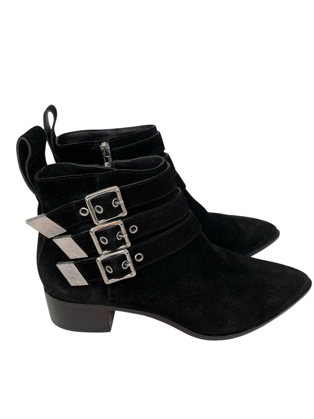Loeffler Randall Booties Black Suede Triple Buckle Ankle Boots Western Size 7